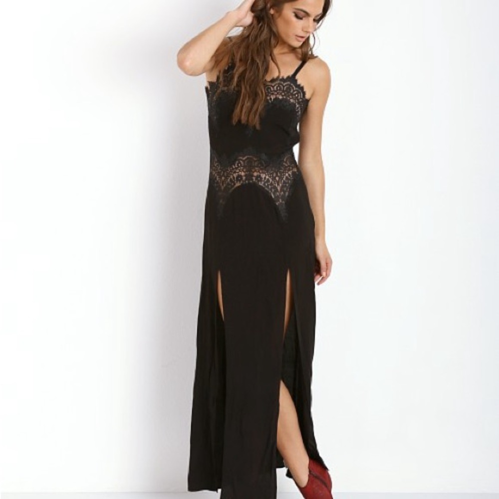 For Love And Lemons Black Embellished Slit Gown